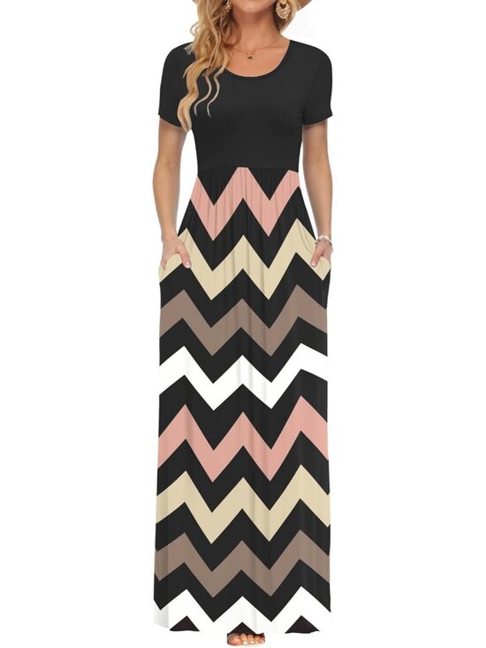 Dresses & Skirts - Women's Classic Short Sleeve Loose Striped Black Casual Long Maxi Dresses